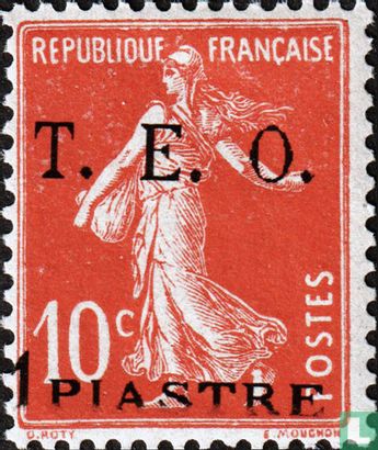 Opdruk T.E.O. op Franse zegels 