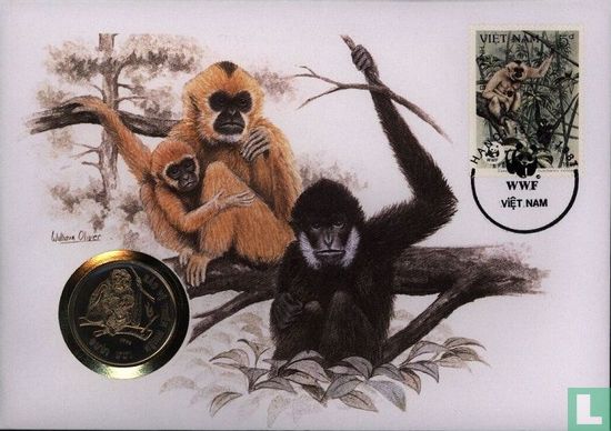 Vietnam 10 Dong 1990 (Numisbrief) "Crested gibbons" - Bild 1