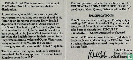 United Kingdom 1 pound 1993 (PROOF - silver) "Royal Arms" - Image 3