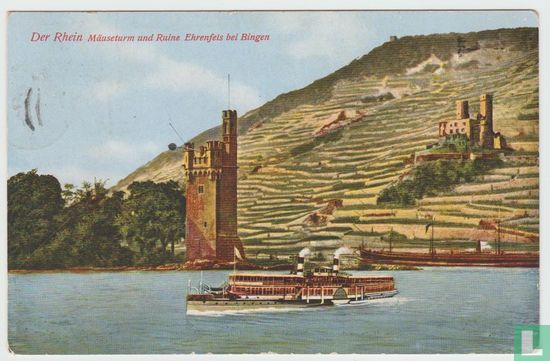 Deutschland Hessen Rüdesheim a. Rh. Der Rhein Mäuseturm und Ruine Ehrenfels bei Bingen 1938 Postkarte Ansichtskarte - Bild 1