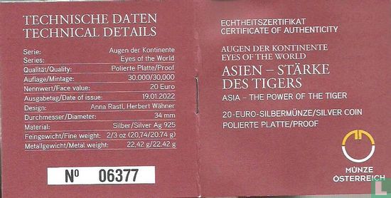 Austria 20 euro 2022 (PROOF) "Asia - The power of the tiger" - Image 3