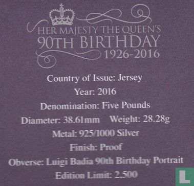 Jersey 5 pounds 2016 (PROOF - zilver) "90th Birthday of Queen Elizabeth II" - Afbeelding 3