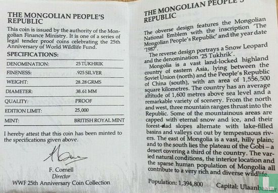 Mongolia 25 tugrik 1987 (PROOF) "25th anniversary World Wildlife Fund" - Image 3
