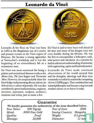 Mongolie 500 tugrik 2006 (BE) "Leonardo da Vinci" - Image 3