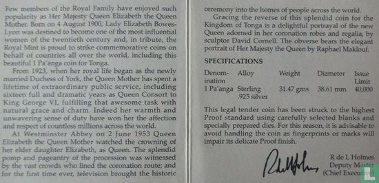 Tonga 1 Pa'anga 1996 (PP) "Queen Elizabeth the Queen Mother - Coronation of Queen Elizabeth II" - Bild 3