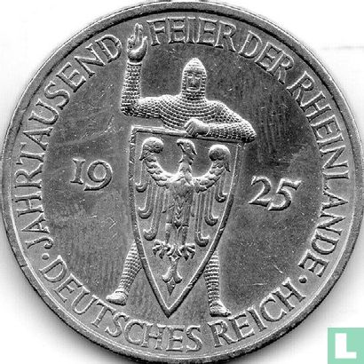 Empire allemand 5 reichsmark 1925 (E) "1000 years of the Rhineland" - Image 1