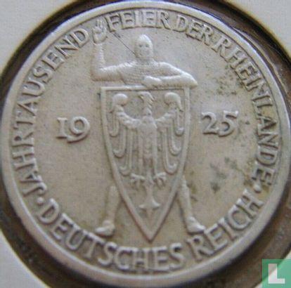 Empire allemand 3 reichsmark 1925 (A) "1000 years of the Rhineland" - Image 1