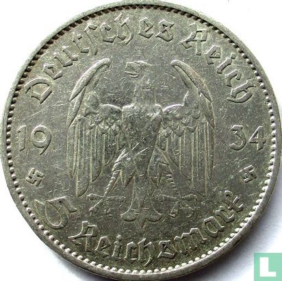 Duitse Rijk 5 reichsmark 1934 (J - type 1) "First anniversary of Nazi Rule" - Afbeelding 1