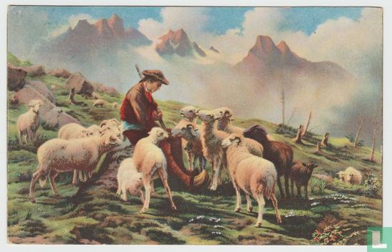 Painting Fine Arts Rosa Bonheur Hirt mit Schafen in den Pyrenäen Stengel Shepherd with sheep 1927 Postcard - Afbeelding 1