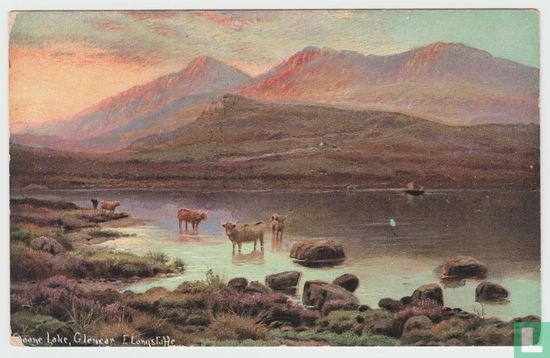 Painting Lake Cows Boat Mountains Sunset Postcard - Afbeelding 1