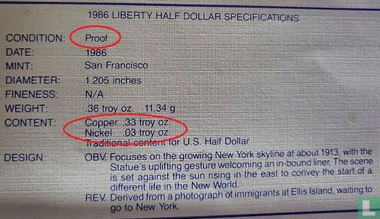 Verenigde Staten ½ dollar 1986 (PROOF) "Centenary of the Statue of Liberty" - Afbeelding 3