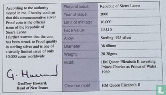 Sierra Leone 10 dollars 2006 (PROOF) "80th Birthday of Queen Elizabeth II - Investiture of Prince Charles" - Image 3