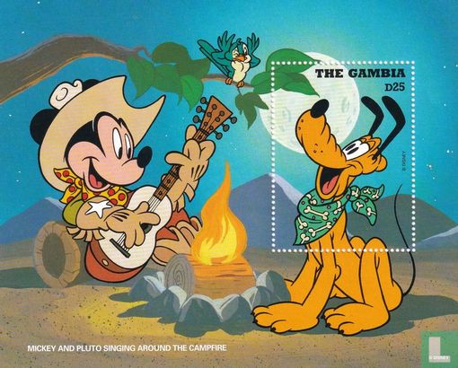 Mickey and Pluto singing around the campfire