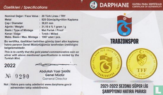 Turkije 20 türk lirasi 2022 (PROOF - verguld zilver) "Trabzonspor 2022 Championship Title" - Afbeelding 3