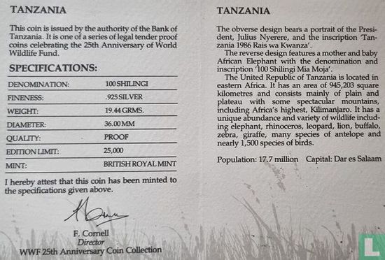 Tanzania 100 shilingi 1986 (PROOF) "25th anniversary of World Wildlife Fund" - Afbeelding 3