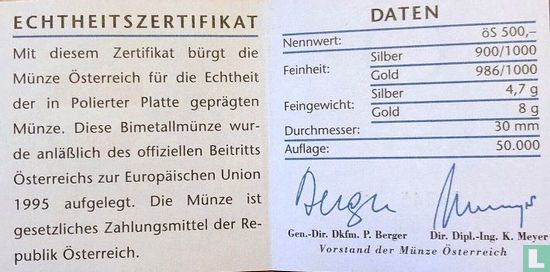 Austria 500 schilling 1995 (PROOF) "Austrian Membership in European Union" - Image 3