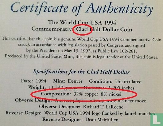 Vereinigte Staaten ½ Dollar 1994 (D) "Football World Cup in United States" - Bild 3