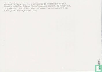 Bauplastik: Geflügelte Frauenfiguren als Akroterien des Mittelrisalits (Foto 2000). Aluminium, rechte Figur, Bildhauer: Othmar Schimkowitz,Österreichische Postsparkasse,, Georg-Coch-Platz 2, 1904/1906 - Bild 2