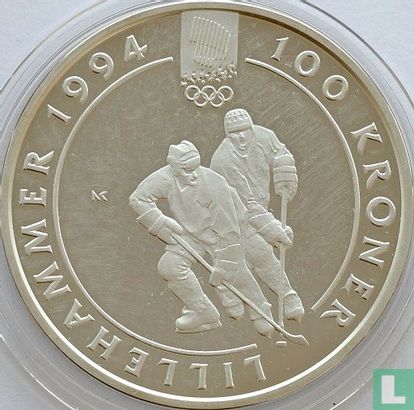 Norvège 100 kroner 1992 "1994 Winter Olympics in Lillehammer - Ice hockey" - Image 2