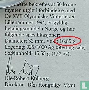 Norvège 50 kroner 1991 "1994 Winter Olympics in Lillehammer - 3 skiers" - Image 3