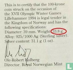 Norvège 100 kroner 1992 "1994 Winter Olympics in Lillehammer - Ice hockey" - Image 3