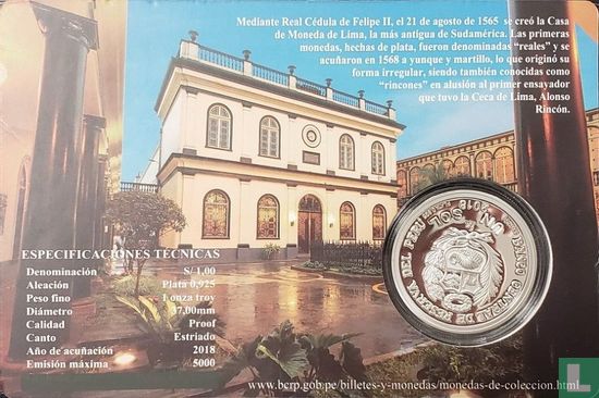 Peru 1 sol 2018 (PROOF - folder) "450 years First coin minted at Casa de Moneda de Lima" - Image 2