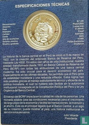 Peru 1 sol 2022 (PROOF - folder) "Centenary of Peru's Central Bank" - Afbeelding 3