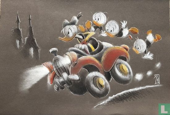Donald Duck in auto met kwik, kwek en kwak