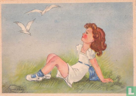 Meisje ligt in gras, meeuwen vliegen langs - Afbeelding 1