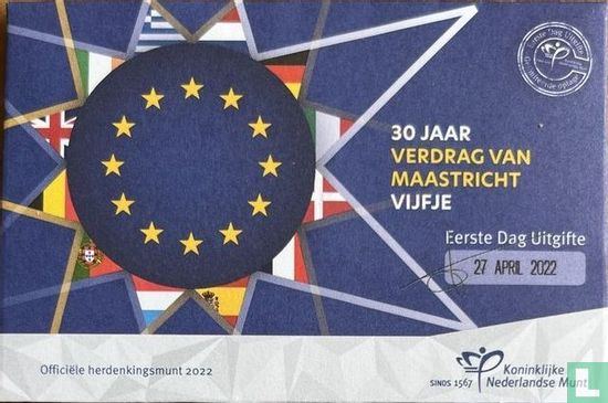 Netherlands 5 euro 2022 (coincard - first day of issue) "30 years Maastricht Treaty" - Image 1