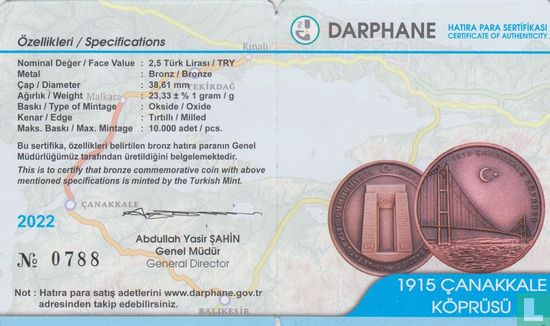 Turkije 2½ türk lirasi 2022 (brons-oxyde) "1915 Canakkale Bridge" - Afbeelding 3