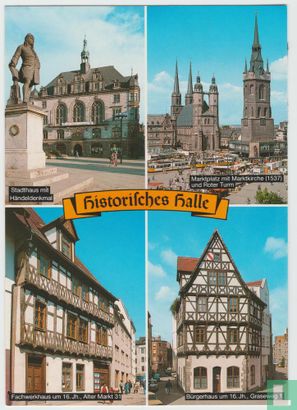 Halle Stadthaus Händel Denkmal Marktkirche und Roter Turm Fachwerkhaus Bürgerhaus Sachsen-Anhalt Ansichtskarten - Afbeelding 1