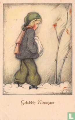Meisje met witte mof en groene muts in sneeuw - Afbeelding 1