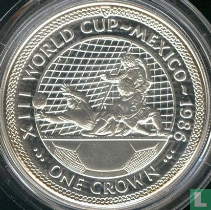 Man 1 crown 1986 (PROOF - verzilverd koper-nikkel) "Football World Cup in Mexico - 2 players shooting on goal" - Afbeelding 2