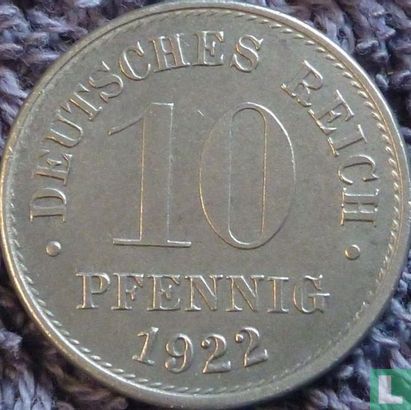 Duitse Rijk 10 pfennig 1922 (J) - Afbeelding 1