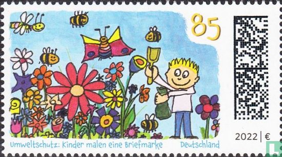 Milieubescherming: kinderen schilderen een postzegel