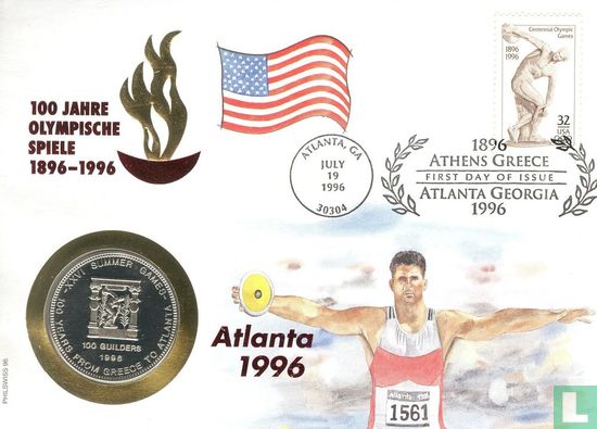 Suriname 100 guilders 1996 (Numisbrief - eerste dag van uitgifte) "Summer Olympics in Atlanta - Centenary of modern Olympic Games" - Afbeelding 1