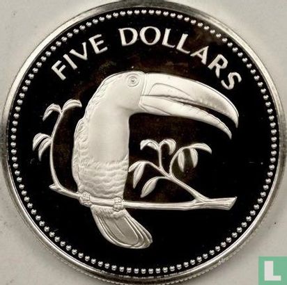 Belize 5 Dollar 1980 (PP - Silber) "Keel-billed toucan" - Bild 2