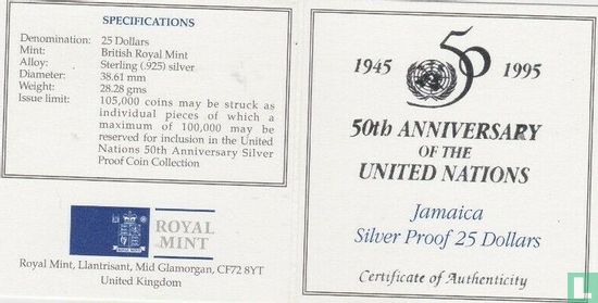 Jamaica 25 dollars 1995 (PROOF) "50th anniversary of the United Nations" - Image 3