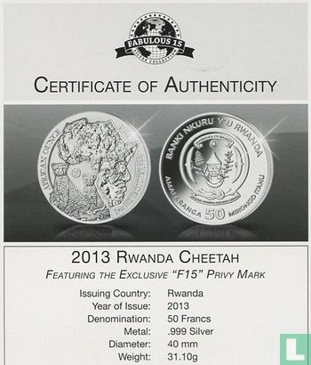 Rwanda 50 francs 2013 (met privy merk) "Cheetah" - Afbeelding 3