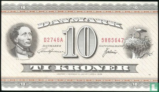 Danemark 10 couronnes (préfixe D0-D5, Andersen & Valeur) - Image 1