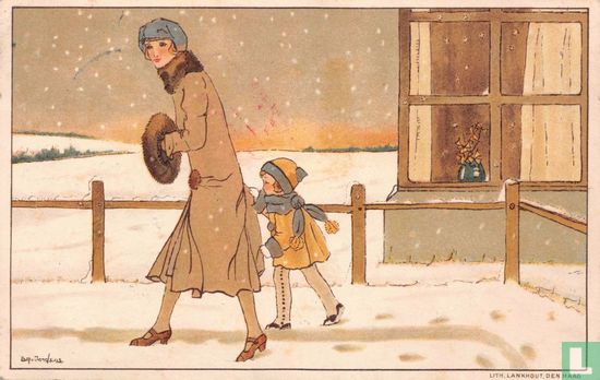 Vrouw met mof en meisje in sneeuwlandschap - Afbeelding 1