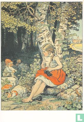 Meisje praat in bos met kabouter - Afbeelding 1