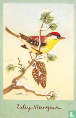 Zalig Nieuwjaar (één vogel op tak met denneappels) - Afbeelding 1
