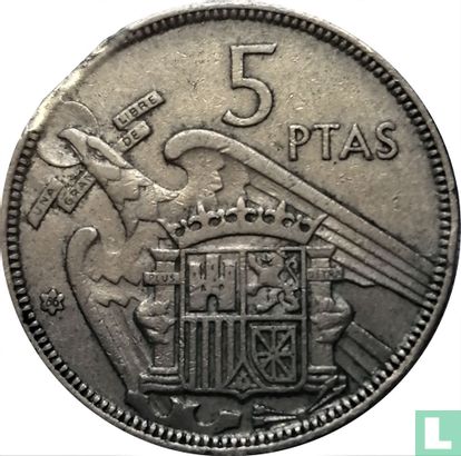 Spain 5 pesetas 1957 (66 - misstrike) - Image 1