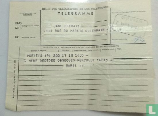 Telegram Quievrain 10. VI.1953 - Afbeelding 1