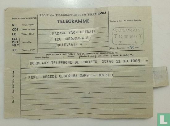 Telegram Quievrain 10 II 1957 - Image 1