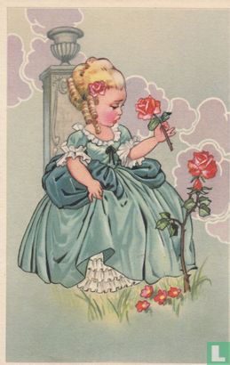 Kinderkaart dame heeft een roos geplukt