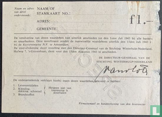 Nederland - Bankbiljet 1 gulden 1942/1943 "Winterhulp" Specimen Serie P  - Afbeelding 2