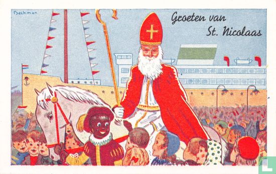 Sinterklaas, net aangekomen per schip, rijdt op schimmel door kinderschare - Afbeelding 1